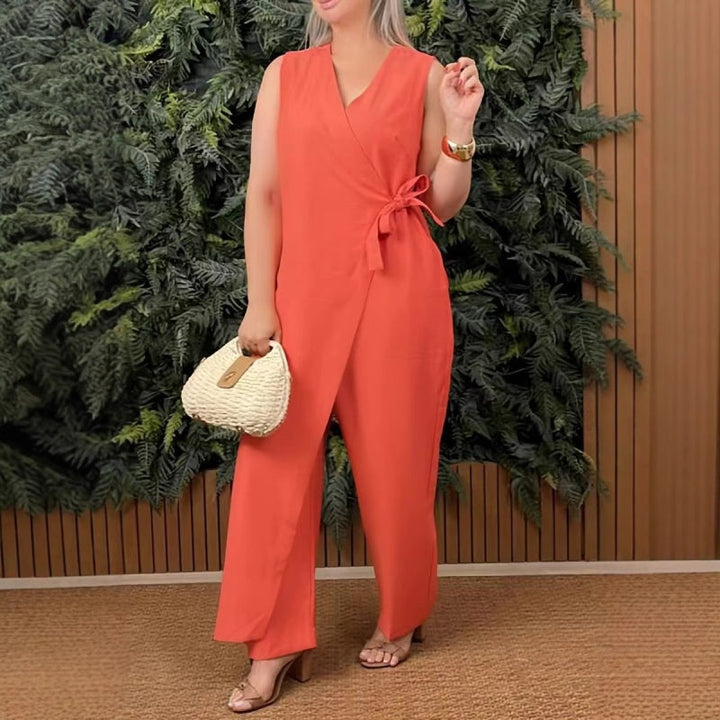 Mirabelle - Women's Solid V-Neck Casual Jumpsuit with Tie Belt
