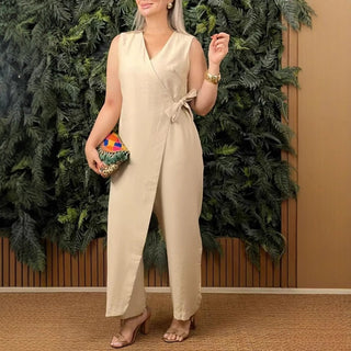Mirabelle - Women's Solid V-Neck Casual Jumpsuit with Tie Belt