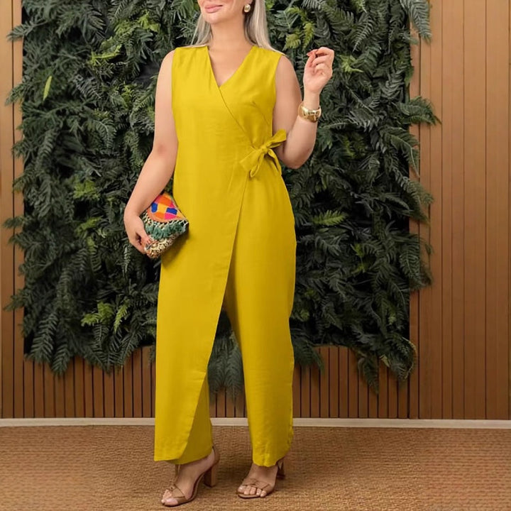 Mirabelle - Women's Solid V-Neck Casual Jumpsuit with Tie Belt