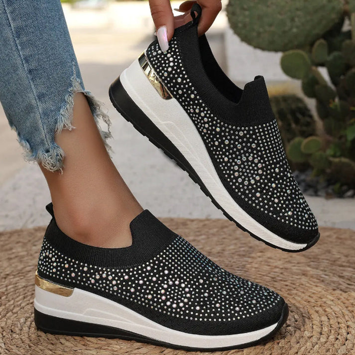 Azelisse - Women's Rhinestone-Embellished Slip-On Sneakers with Platform Sole