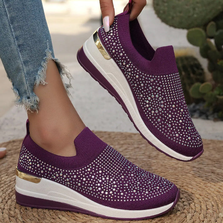 Azelisse - Women's Rhinestone-Embellished Slip-On Sneakers with Platform Sole