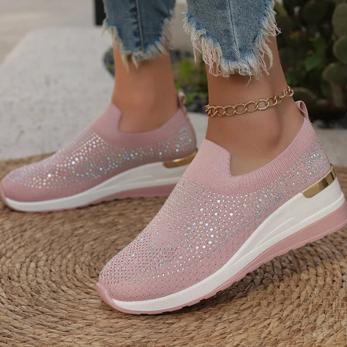 Azelisse - Women's Rhinestone-Embellished Slip-On Sneakers with Platform Sole
